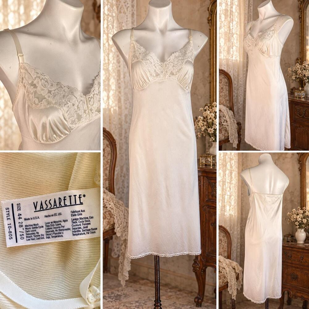 Vintage Vassarette Nylon Full Slip 1970s Lace V-Bodice Ivory Size 44 - Picture 3 of 14